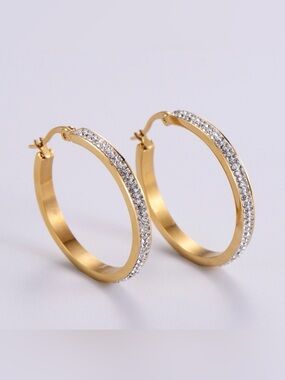 Stainless Steel 18K Gold PVD Waterproof Anti-Tarnish Rhinestone Hoop Earrings